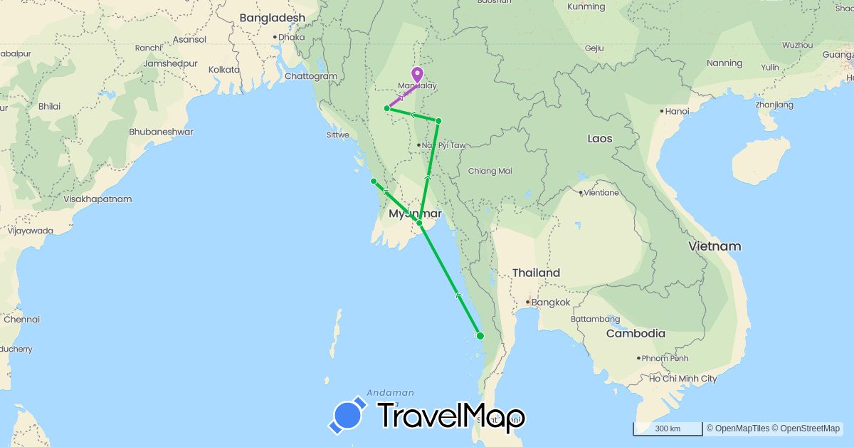 TravelMap itinerary: bus, train in Myanmar (Burma) (Asia)
