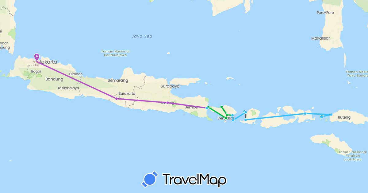 TravelMap itinerary: driving, bus, train, boat, motorbike in Indonesia (Asia)
